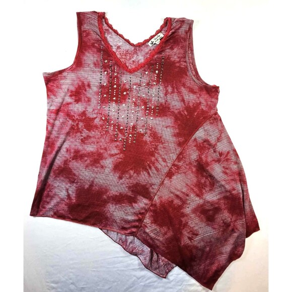 Unity One World Womens XL Red Asymmetrical Studded Lace Trim Boho Top - Picture 7 of 9